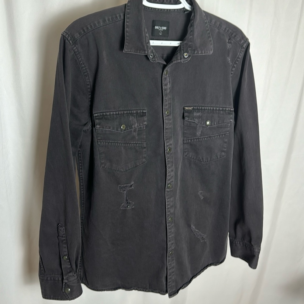 Only & Sons Distressed Long Sleeve Snap Button Front Shirt